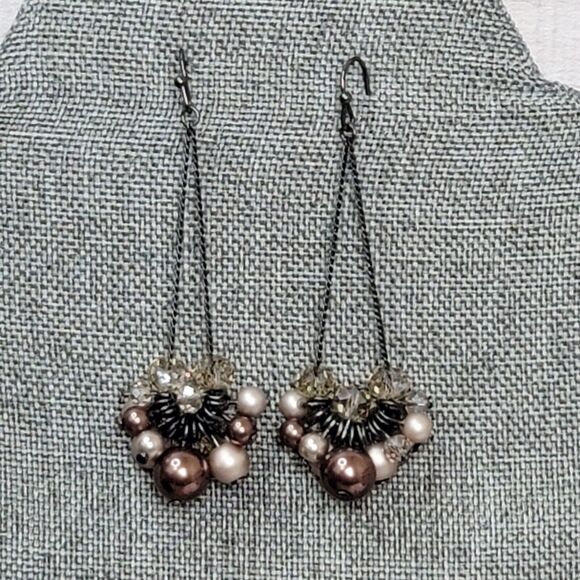 Faux Pearl Cluster Dangle Earrings Faceted Glass Beads Brown Champagne Colors - Picture 2 of 6